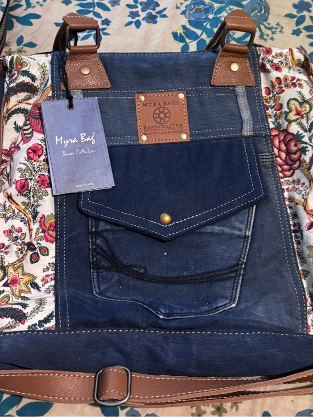 Myra Bag Denim & Floral Tote - Blue/Brown/Multicolor